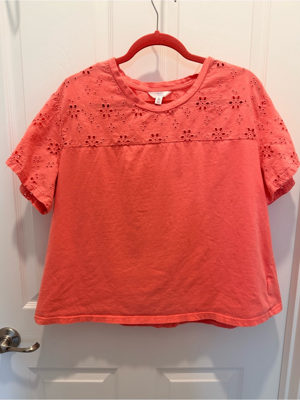 Ladies Coral Eyelet Yoke Short Sleeve Top